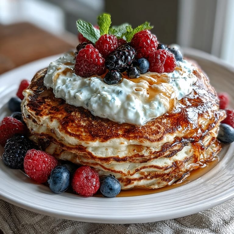 Close-up of warm Berry Protein Pancakes with Greek Yogurt and mixed berries, showing a soft, fluffy texture.