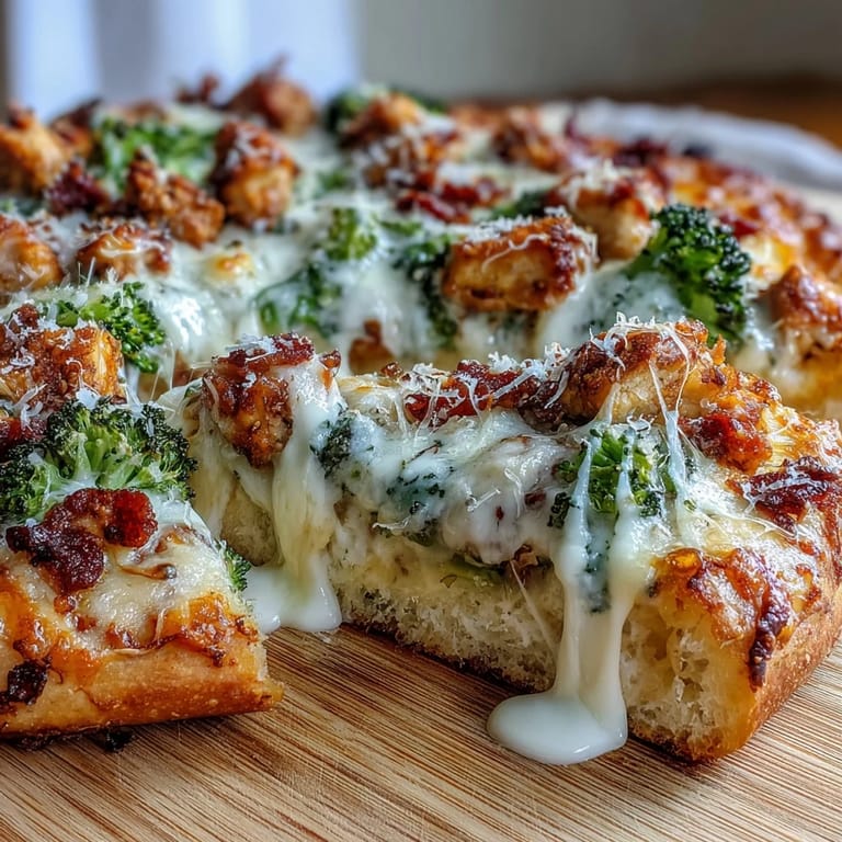 Freshly baked Garlic Parmesan Chicken & Broccoli Pizza topped with tender chicken and crisp broccoli florets on a marble slab.