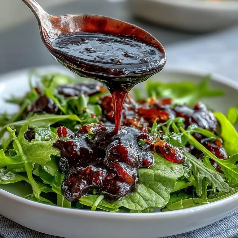 Whisking ingredients in a glass bowl to emulsify the tart and sweet Black Currant Vinaigrette dressing.