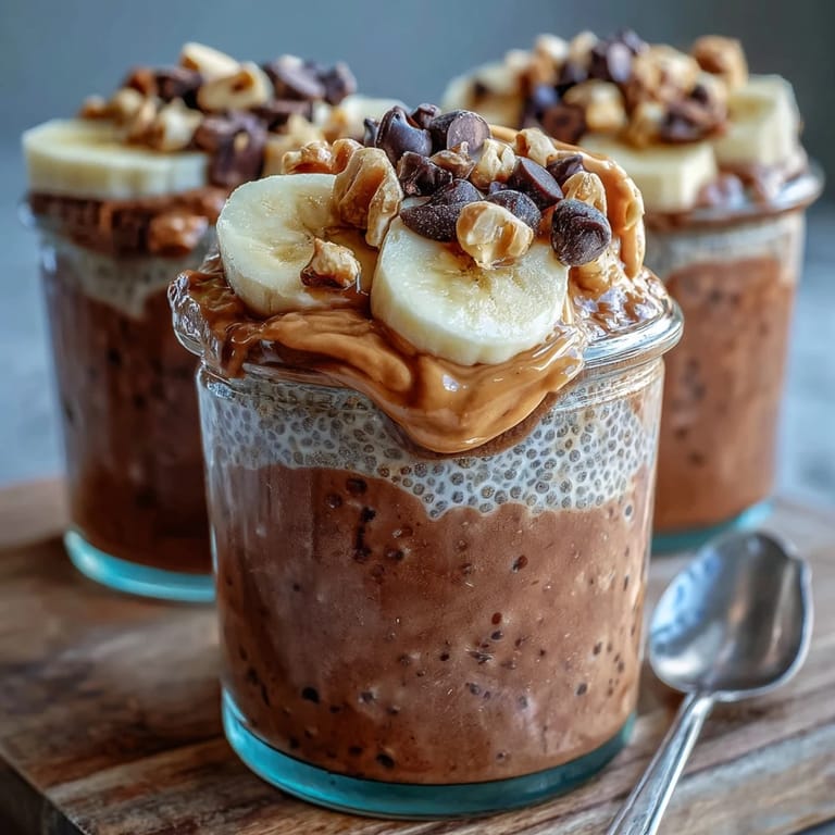 Chunky Monkey Overnight Chia Pudding layered in a clear jar with chocolate chia, banana slices, and a peanut butter swirl, topped with dark chocolate chips.