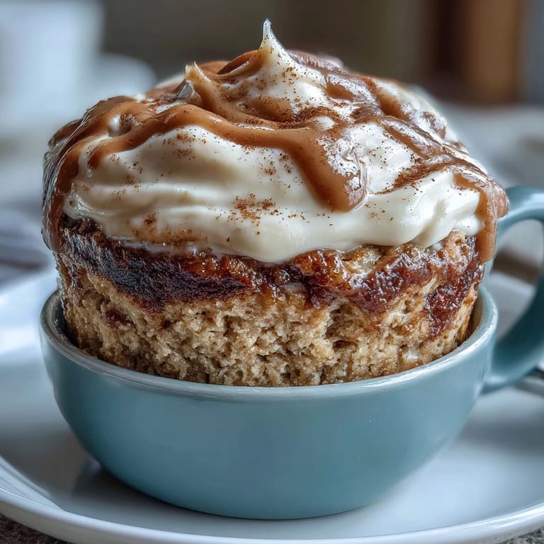A spoon dipping into a High-Protein Cinnamon Roll Mug Cake topped with a dollop of cream cheese frosting.