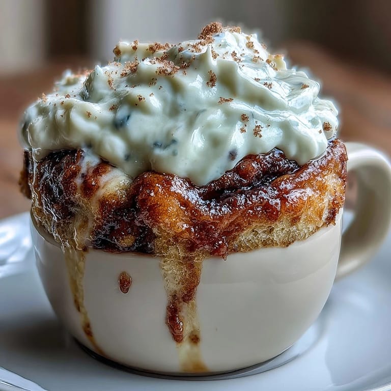 A finished High-Protein Cinnamon Roll Mug Cake with a visible cinnamon swirl on a cozy breakfast table.