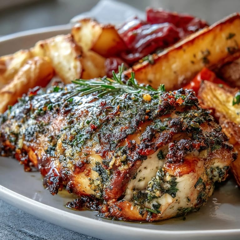 Savory Sheet Pan Herb-Crusted Chicken with Root Vegetables nestled over caramelized onions and parsnips on a large baking sheet.