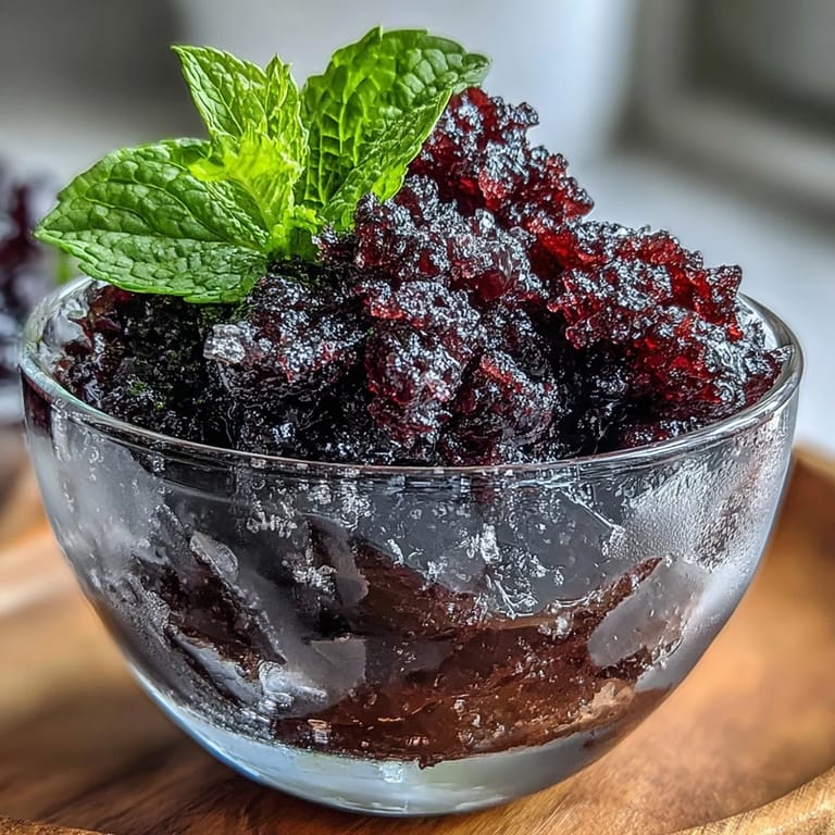 A close-up of Black Currant Granita in a clear bowl, highlighting its vibrant purple hue and crystalline texture.