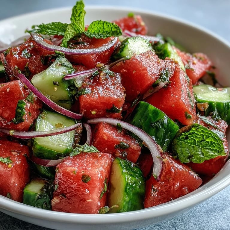 A refreshing Summer Watermelon Cucumber Mint Salad served on a wooden table, perfect for a light lunch or side dish.