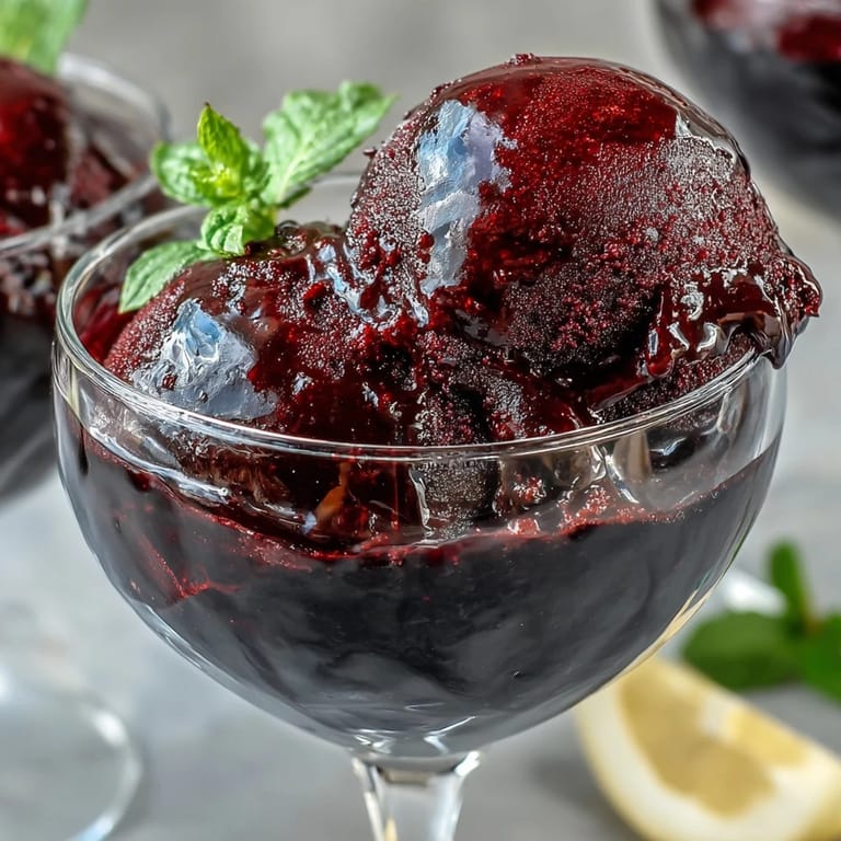 Scoops of refreshing black currant sorbet on a chilled dessert plate, showcasing its smooth texture and bold, tangy berry flavor.