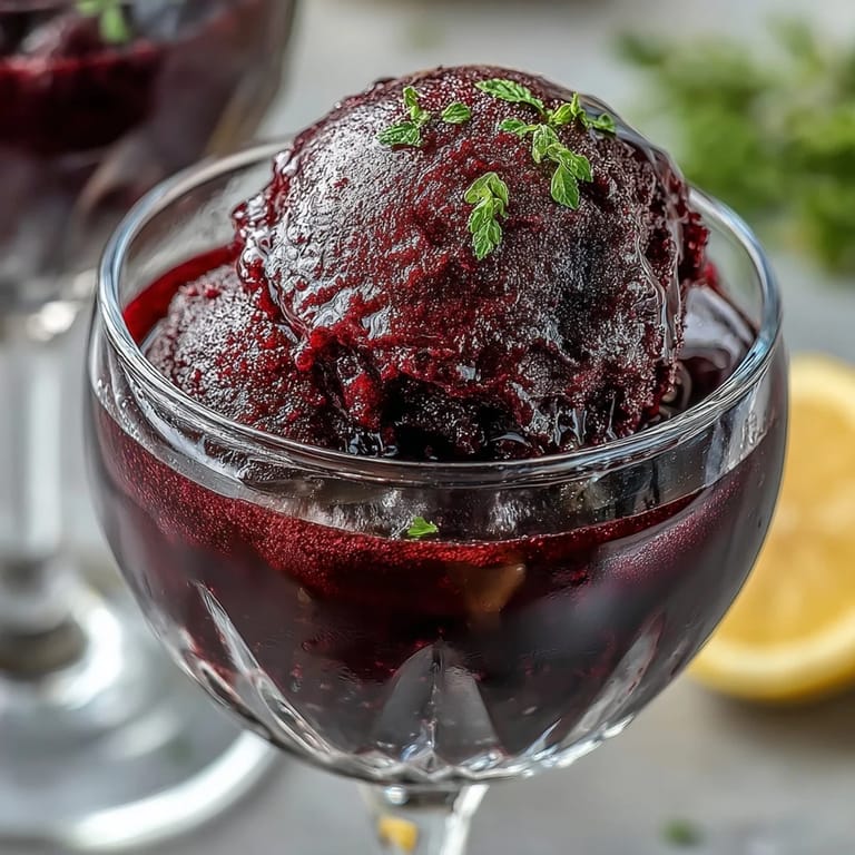 Close-up of homemade black currant sorbet, highlighting its rich color and velvety consistency, perfect for a summer treat.