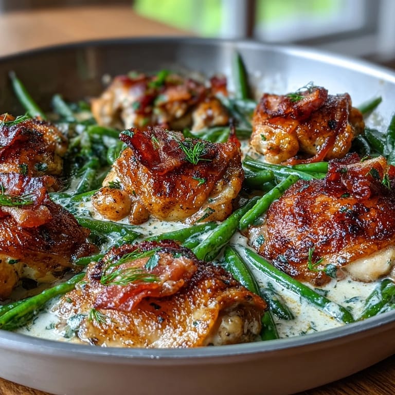 Tender Keto Bacon Ranch Chicken Thighs with Green Beans are served on a plate, garnished with fresh parsley for a family-style meal.