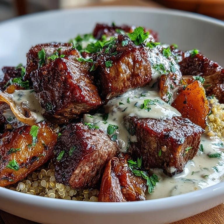 Savory steak and butternut squash quinoa bowls drizzled with garlic herb cream sauce, topped with fresh parsley for a satisfying gluten-free main dish.
