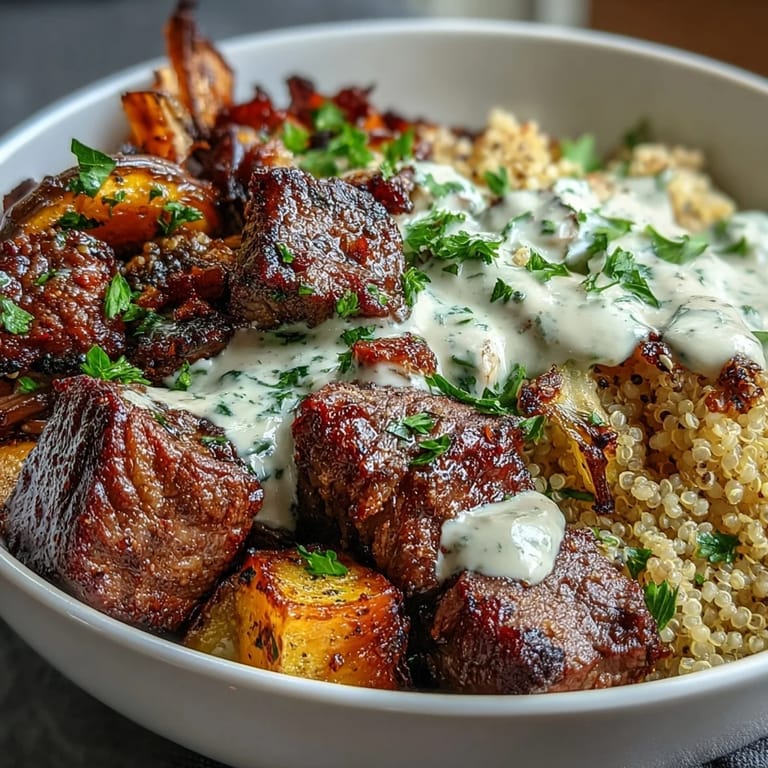 Flavorful garlic herb steak bowls featuring roasted butternut squash, quinoa, and rich cream sauce—perfect for cozy American dinners or meal prep.  