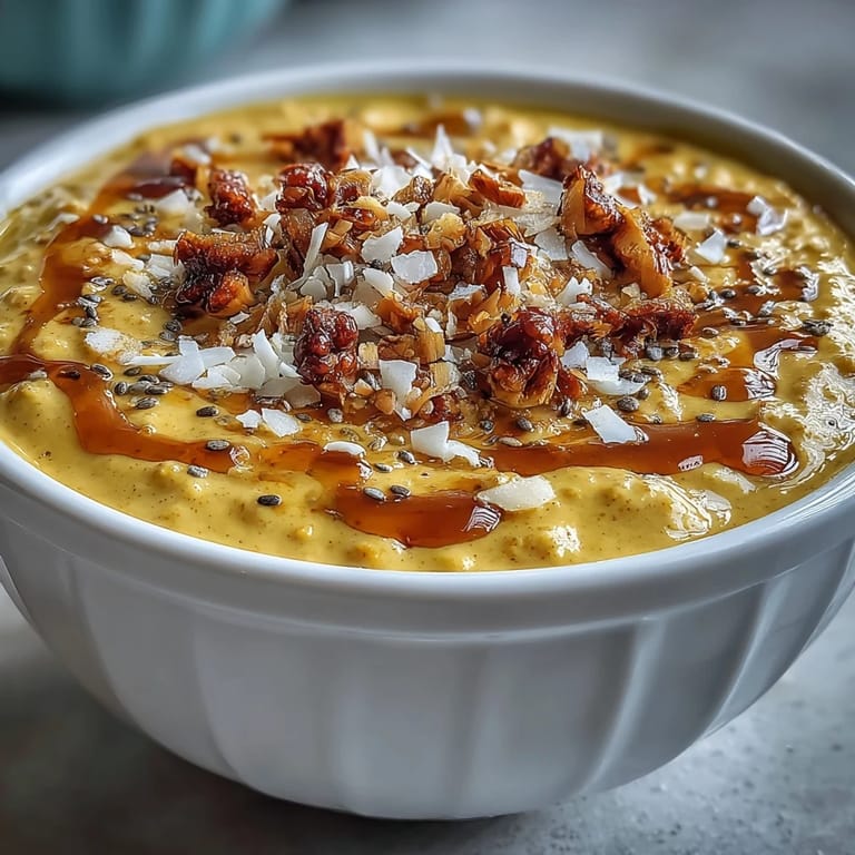 Creamy vegan overnight oats infused with turmeric, ginger, and cinnamon, garnished with banana slices and chia seeds.