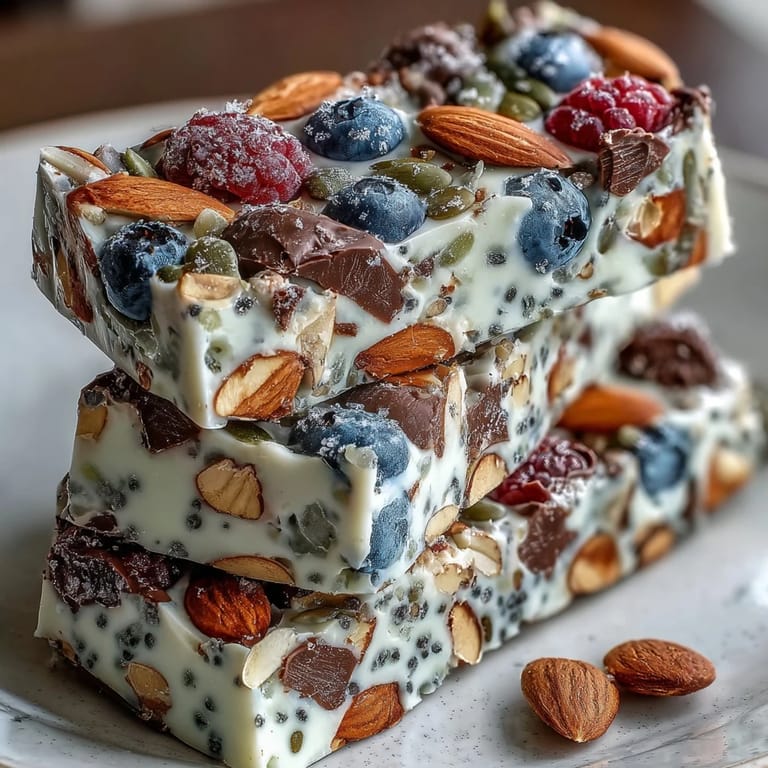 A colorful and nutritious frozen yogurt bark featuring Greek yogurt, mixed berries, and seeds, perfect for a quick high-protein breakfast or snack.