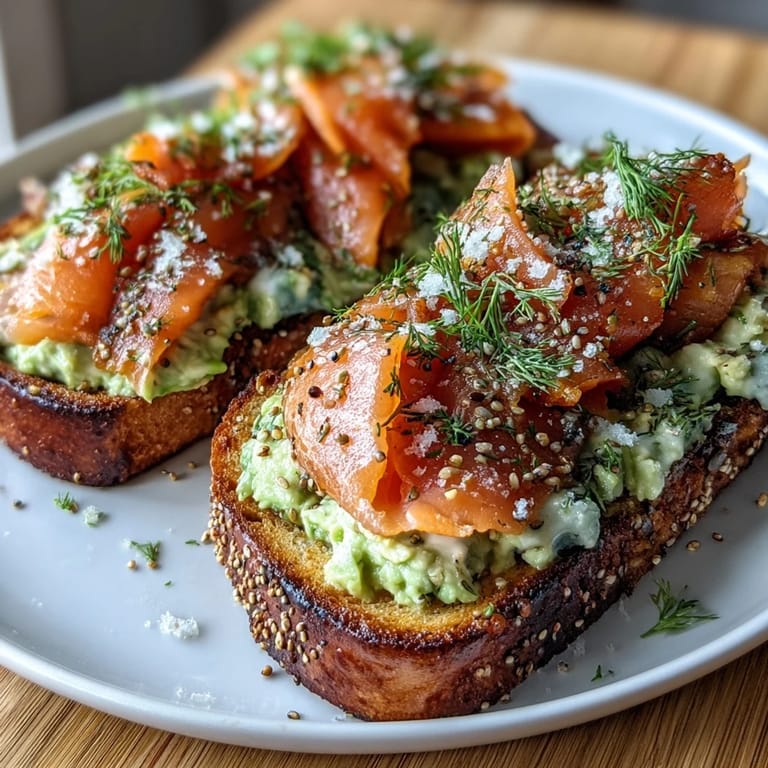 Fluffy almond flour keto bread slices spread with creamy avocado and topped with smoked salmon and seasoning.
