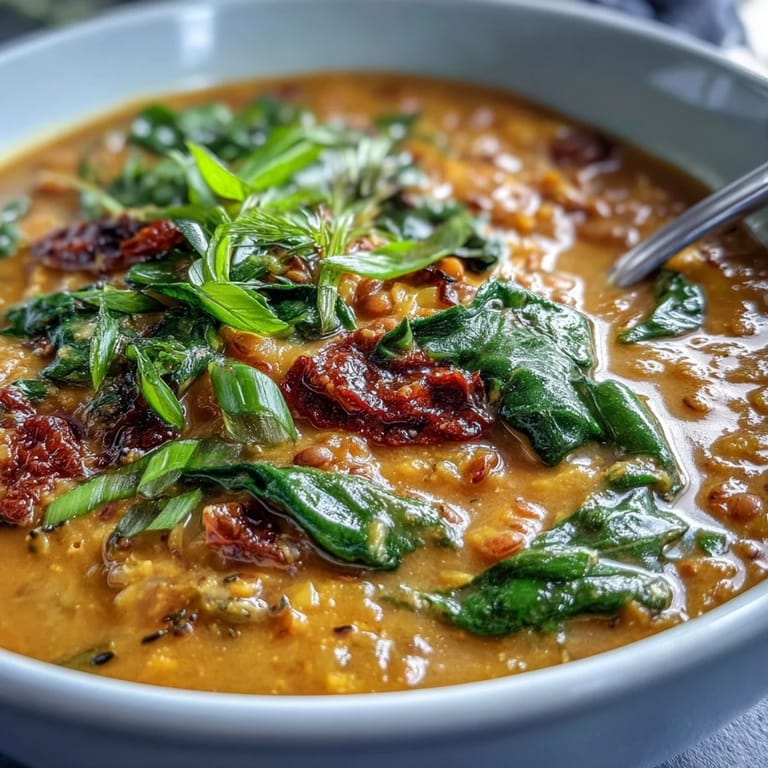 Comforting vegan lentil dahl with silky coconut milk, fresh baby spinach, and fragrant spices, served with lime wedges for a burst of citrus.