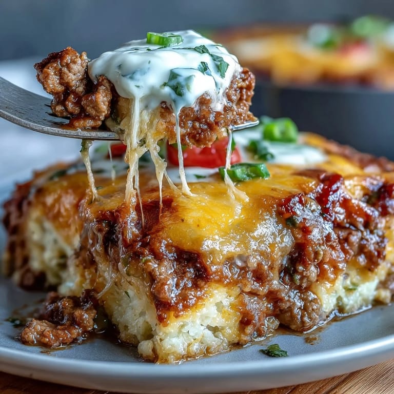 Close-up of a Keto Taco Casserole with melted cheese and fresh green garnish.