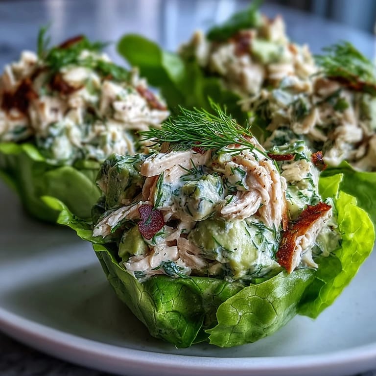 Fresh and vibrant Avocado Herb Chicken Salad Lettuce Cups, featuring aromatic herbs, diced chicken, and crunchy vegetables in refreshing lettuce wraps.