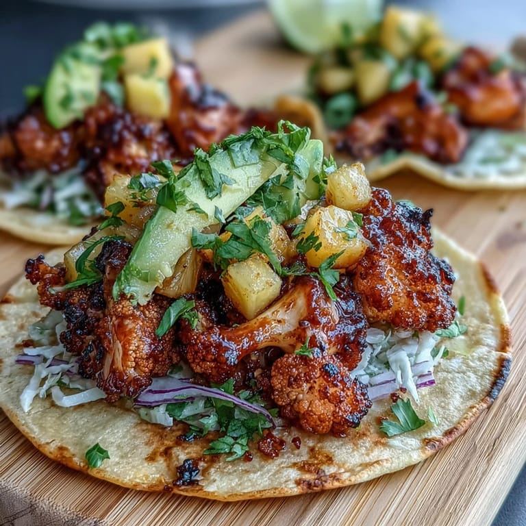 Plant-based BBQ cauliflower tacos with zesty pineapple salsa, red cabbage, and cilantro, perfect for a flavorful, colorful meal.