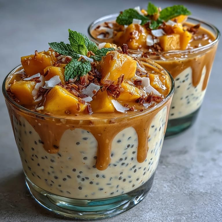 Vibrant layers of mango and chia pudding topped with coconut cream, capturing the essence of Southeast Asian mango sago in a plant-based treat.