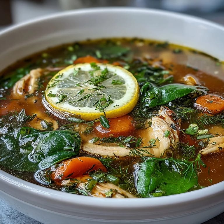 Nourishing One-Pot Chicken and Veggie Detox Soup featuring colorful carrots, zucchini, spinach, and fresh herbs in lemon-infused broth.