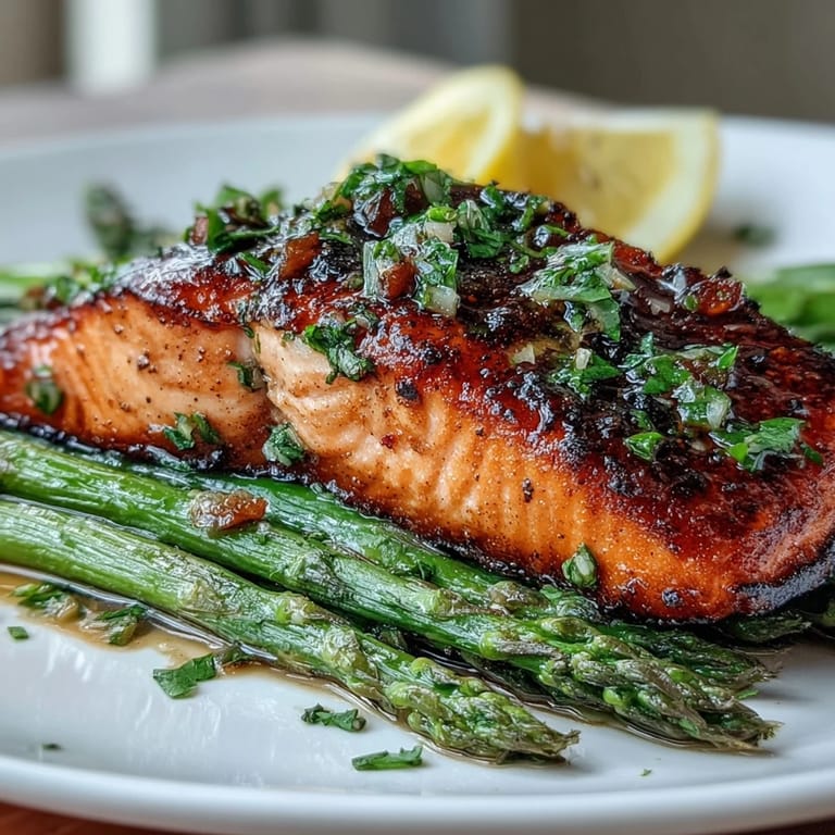 Succulent salmon fillets with crispy skin served over tender asparagus, seasoned with fresh lemon and aromatic garlic.