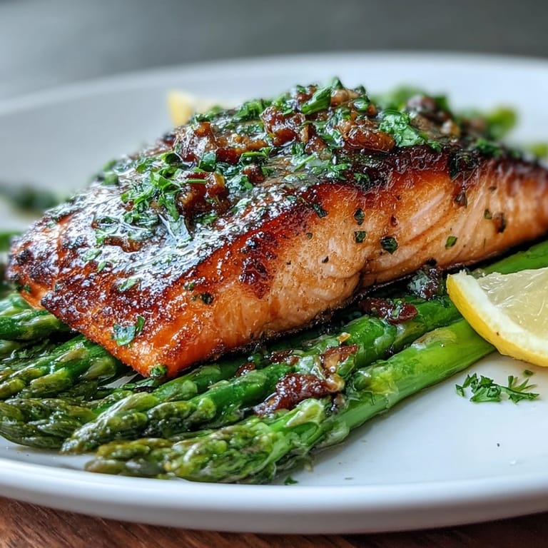 Low-carb salmon and asparagus plate, featuring perfectly seared fish with bright citrus notes and savory garlic flavors.