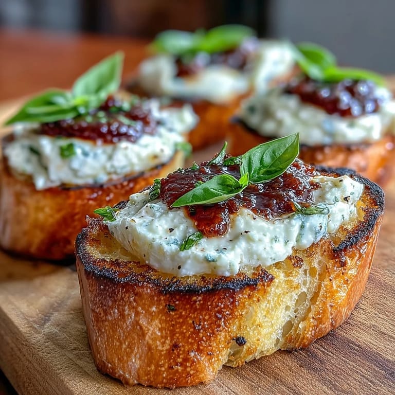 Golden toasted bread layered with tangy goat cheese and vibrant chili jam, perfect for a quick vegetarian appetizer.
