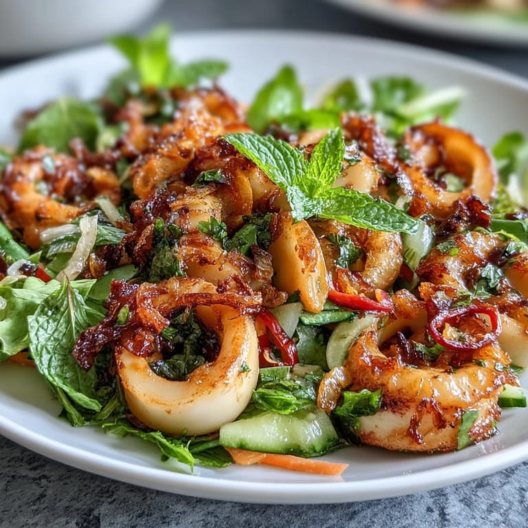 Colorful Asian fusion squid salad with chilli-lime dressing, garnished with crispy shallots and served with fresh lime wedges.