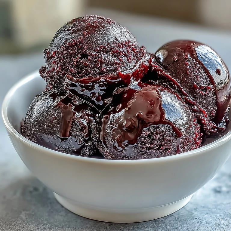 Smooth and tangy black currant sorbet, garnished with fresh mint leaves, perfect for cooling off on a hot day.  