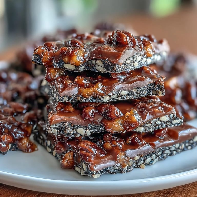 Fragrant black sesame brittle features caramelized sugar and butter, offering a unique Asian-inspired candy crunch.  