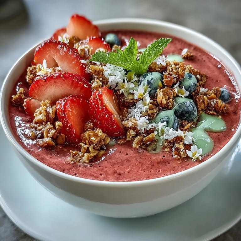 A thick and creamy strawberry smoothie base, artfully garnished with granola, sliced strawberries, and edible flowers for a stunning brunch centerpiece.  