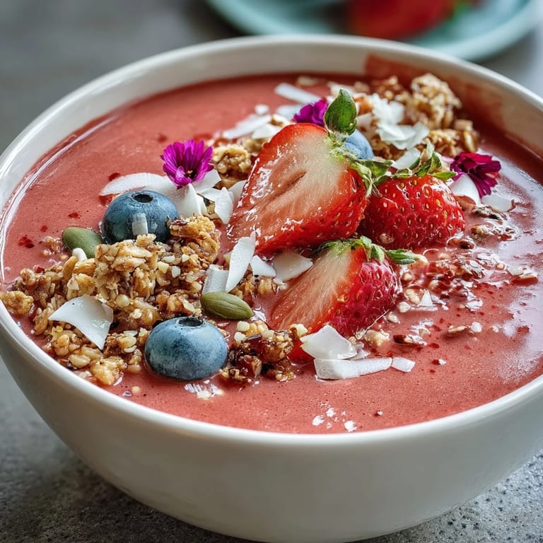 A refreshing strawberry smoothie bowl layered with crunchy granola, blueberries, and pumpkin seeds, served in a bright bowl for a cheerful Galentine's celebration.