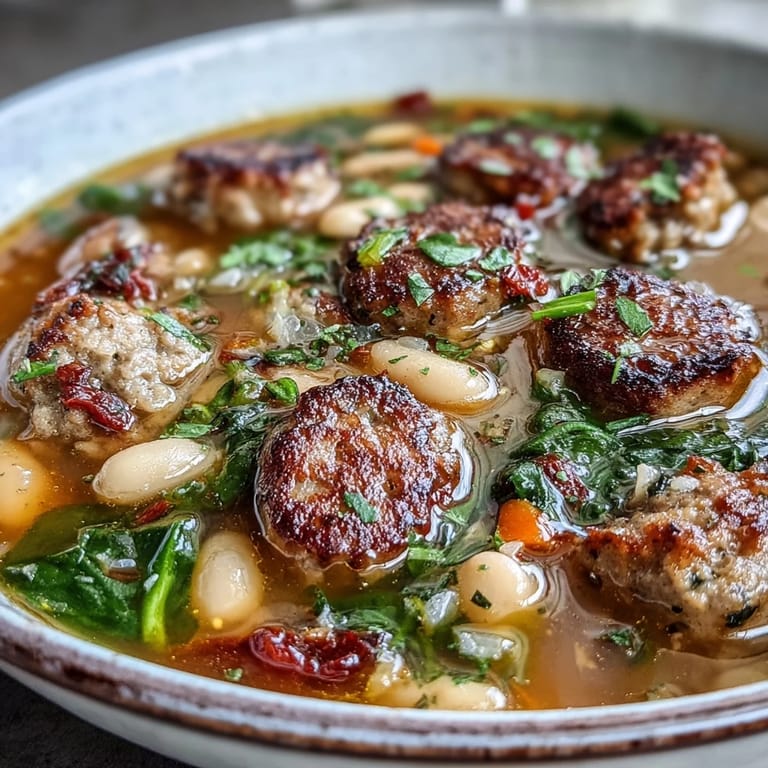 Rustic Italian sausage and white bean soup, brimming with tender vegetables and fragrant herbs—perfect for cozy family dinners.