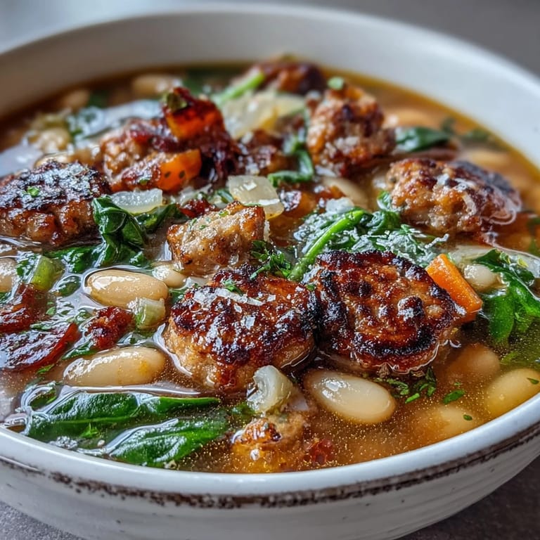 Creamy cannellini beans and spiced sausage simmered with zucchini, spinach, and tomatoes for a comforting, rustic meal.  