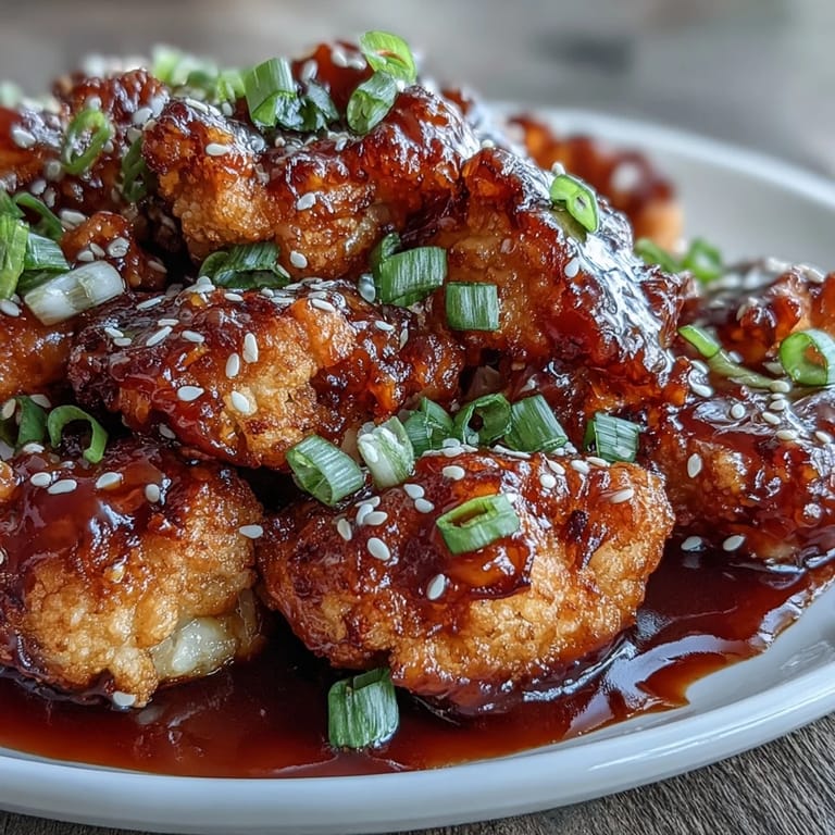 Air fryer General Tso's cauliflower florets with glossy sauce, sesame seed garnish, and fresh scallion topping in a white bowl.