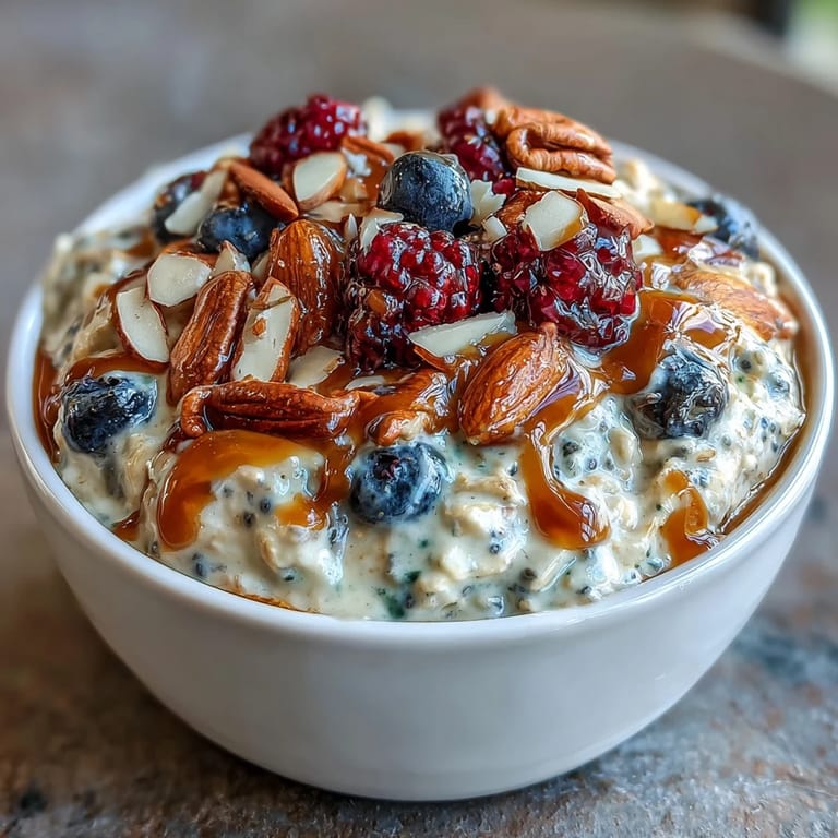A jar of overnight oats topped with fresh berries, almond butter drizzle, and crunchy sliced almonds—ideal for busy mornings.