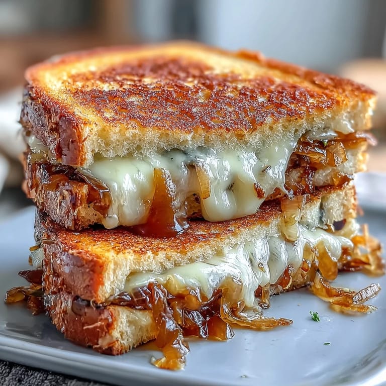 Crispy sourdough grilled cheese sandwich filled with rich Gruyere and sweet caramelized onions, perfect for a comforting lunch.