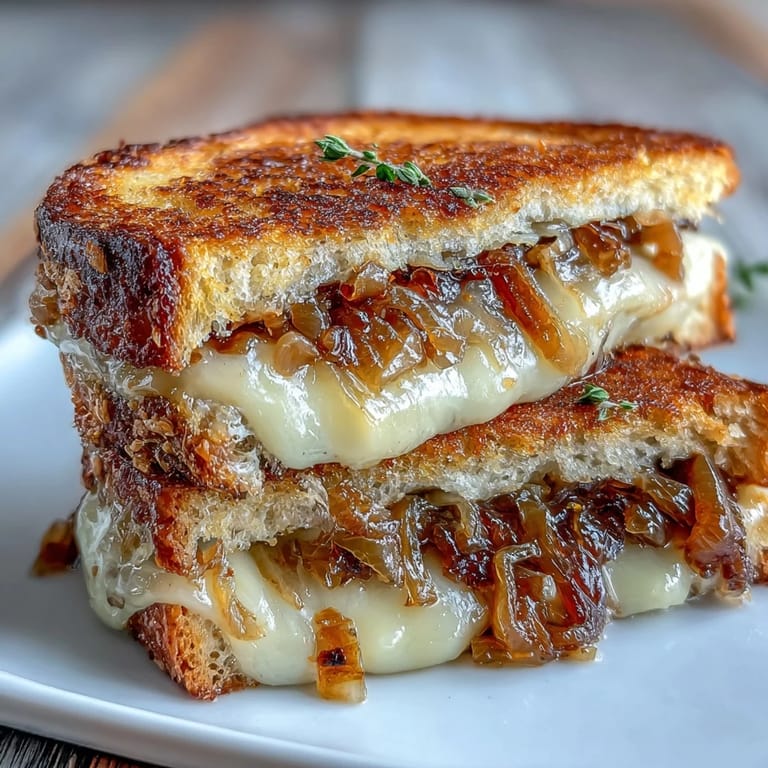 Buttery sourdough bread grilled to perfection, stuffed with nutty Gruyere and deeply caramelized onions for a savory bite.