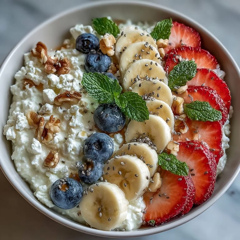 Creamy cottage cheese topped with sliced strawberries, banana, and honey for a healthy breakfast.