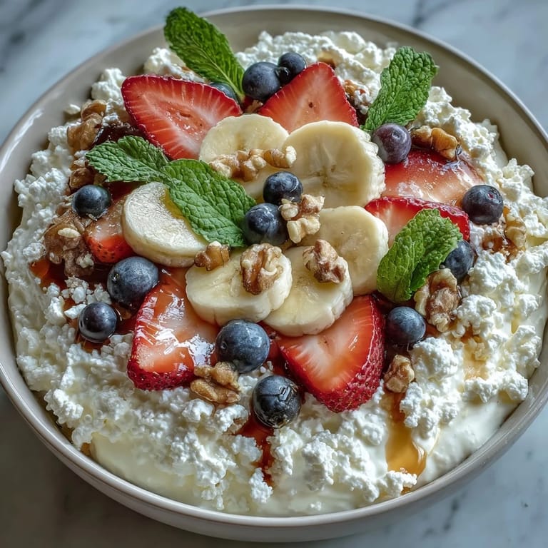 Nutritious cottage cheese fruit bowl with strawberries, honey drizzle, and mint garnish on white plate.