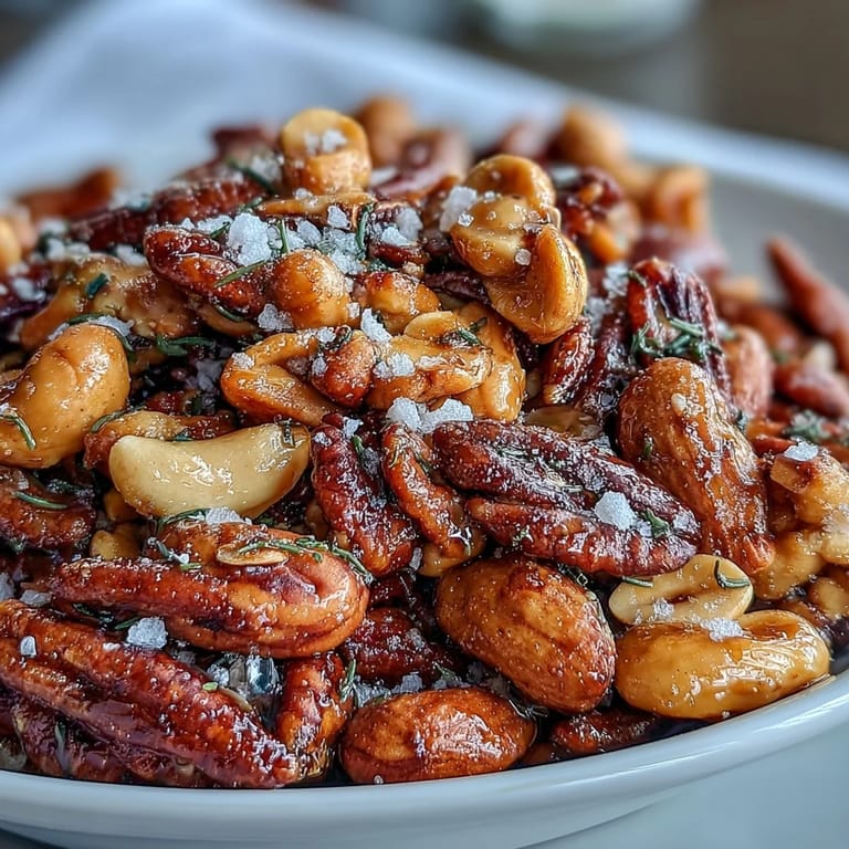 Golden Salted Honey & Peanut Snack Mix with mixed nuts, pumpkin seeds, and sunflower seeds, sprinkled with flaky sea salt.