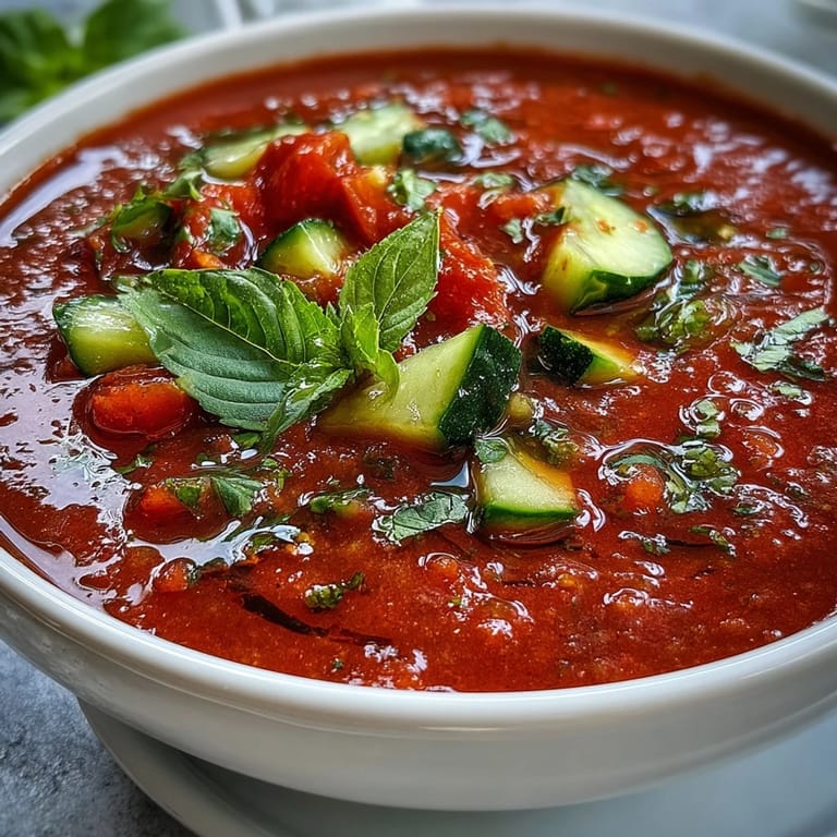 A close-up shot of a refreshing chilled gazpacho bowl garnished with fresh herbs and olive oil.