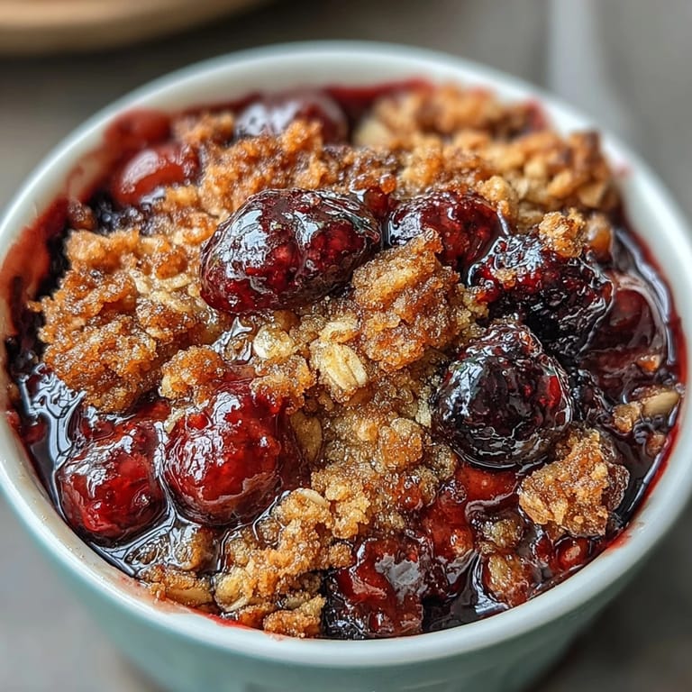 Small batch berry crumble with oat topping, a cozy dessert in ramekins topped with crunchy cinnamon streusel.