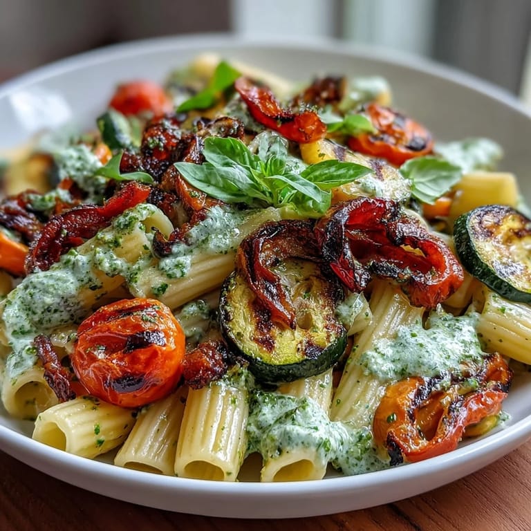 Colorful roasted vegetables and cherry tomatoes served over penne pasta with fresh pesto.  