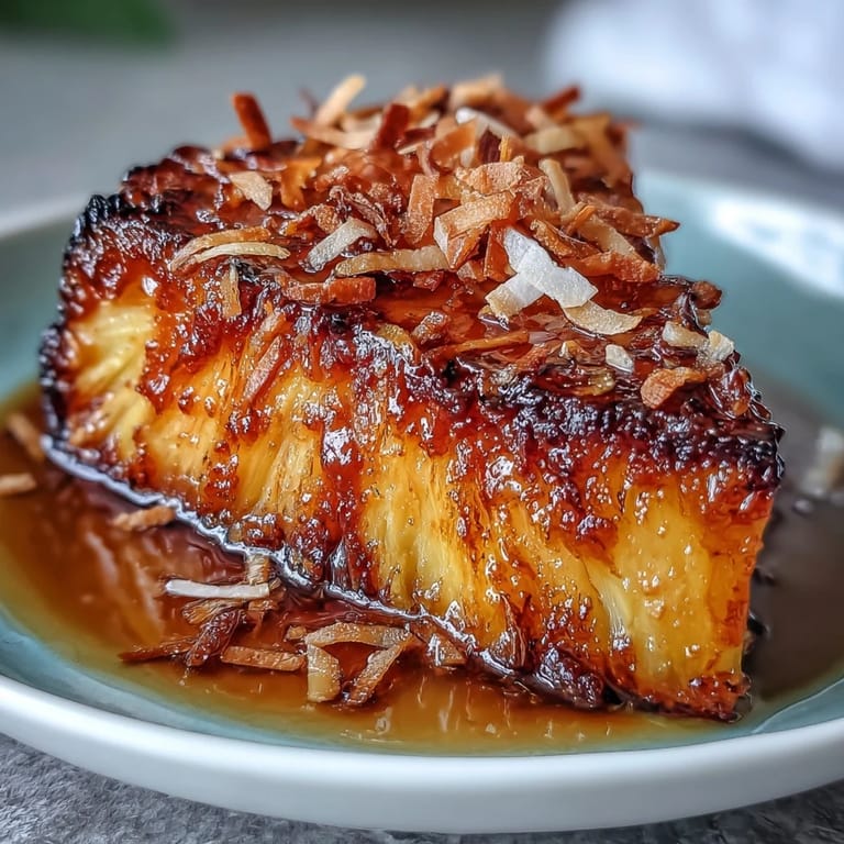 Juicy pineapple caramelized with honey-lime glaze, finished with aromatic toasted coconut in a warm, inviting dish.