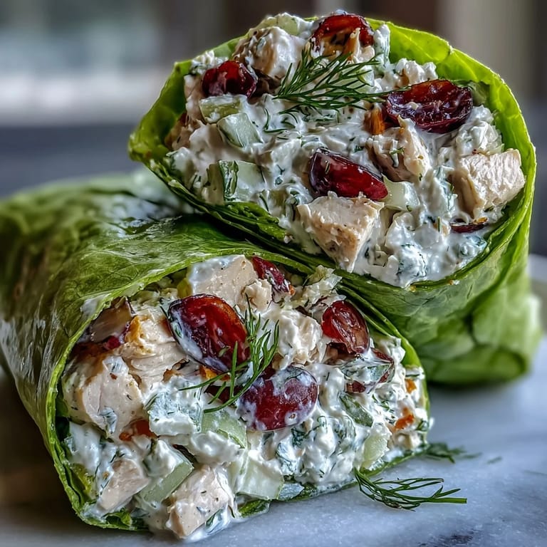 Crunchy lettuce wraps filled with creamy Greek yogurt chicken salad, fresh herbs, and diced vegetables for a light lunch.  