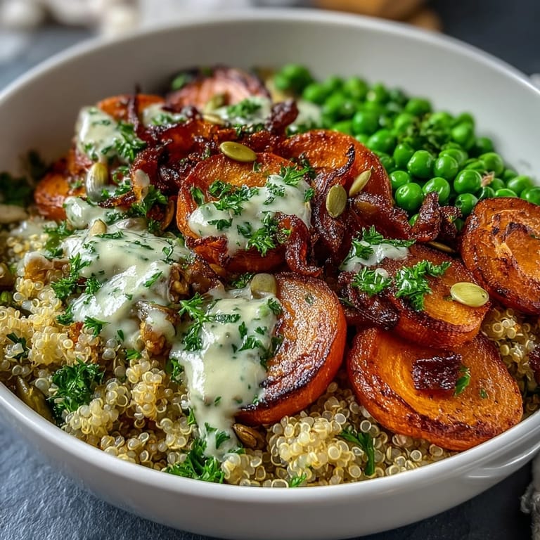 Nutty quinoa served with caramelized roasted carrots, vibrant green peas, and optional feta cheese for a colorful vegetarian bowl.