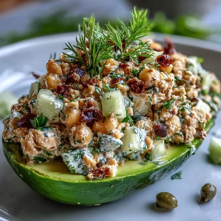 Protein-packed chickpea mixture with lemon and dill nestled in halved avocados for a healthy main dish.