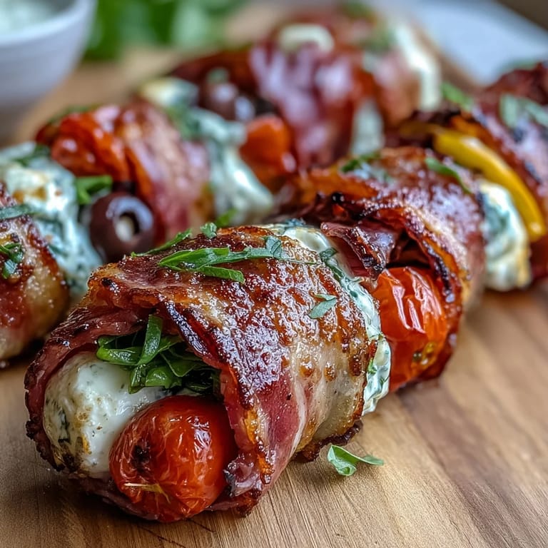 Colorful Italian sub skewers featuring cured meats, cheese, olives, and artichokes served with creamy lemon-garlic aioli for dipping.  