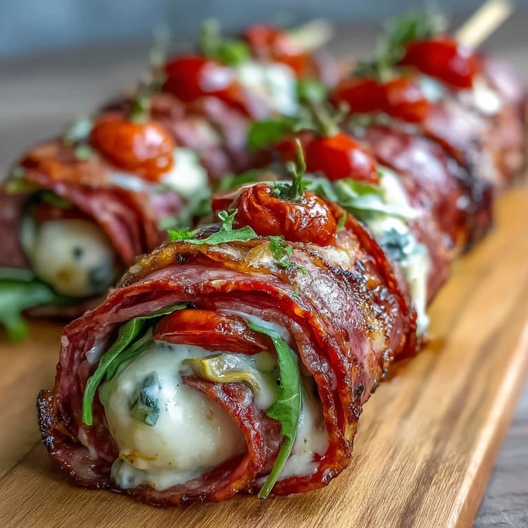 Layered Italian sub skewers with mortadella, roasted peppers, and pepperoncini, paired with rich homemade aioli for a flavorful picnic bite.