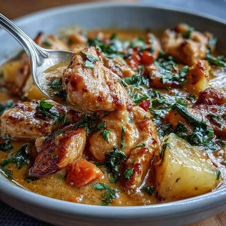 Rich and aromatic one-pot chicken pineapple coconut curry served hot, featuring colorful vegetables and a luscious coconut broth.